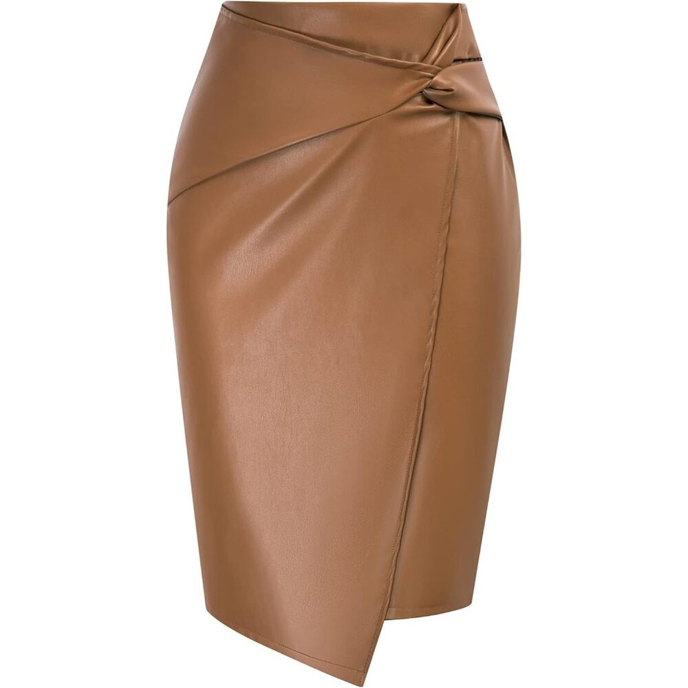 Sophisticated Brown High Waist Faux Leather Pencil Skirt - Essential for Office